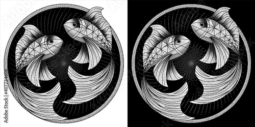 Pisces zodiac sign, astrological, horoscope symbol. Pixel monochrome style icon. Stylized graphic black white two fish swimming in a circle. Body decorated with geometric pattern. Vector illustration.