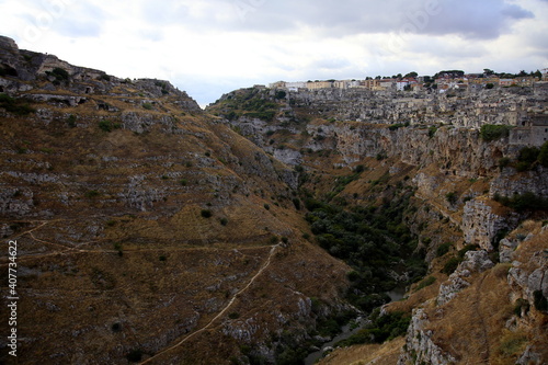 View of the Casalnuovo district, the Gravina river and the eroded walls of the canyon, European Capital of Culture 2019