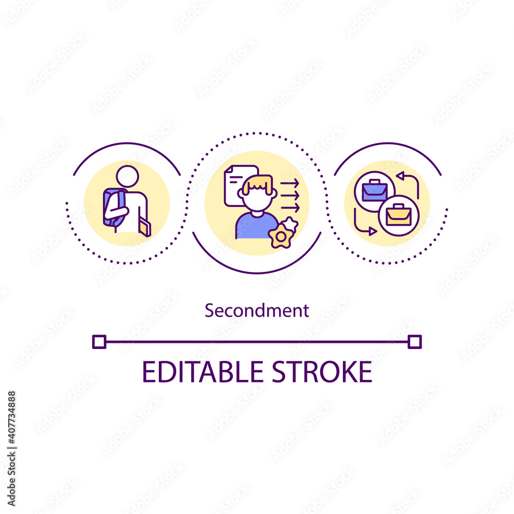 Secondment concept icon. Opportunity to work temporarily in different firm department. Upgrading skills idea thin line illustration. Vector isolated outline RGB color drawing. Editable stroke Secondment concept icon. Opportunity to work temporarily in different firm department. Upgrading skills idea thin line illustration. Vector isolated outline RGB color drawing. Editable stroke