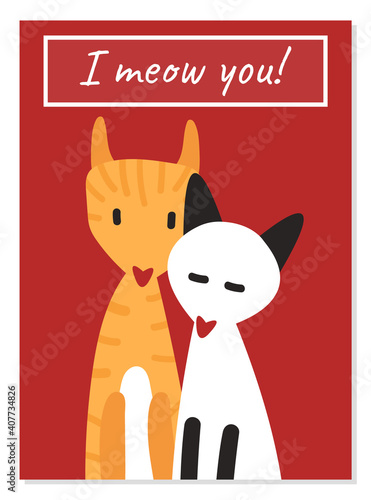 Original postcard for Valentine's Day. I meow you. Cute cats in love hugging on a red background. Cartoon animals.