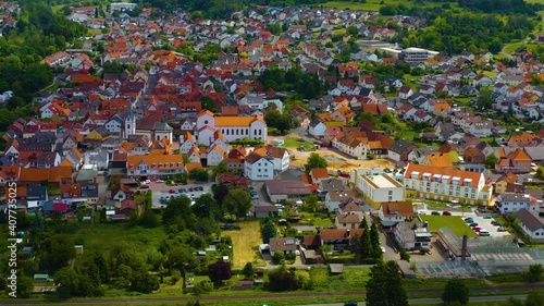 Aeriel view of the city Sulzbach am Main in Germany on a cloudy day in spring. photo