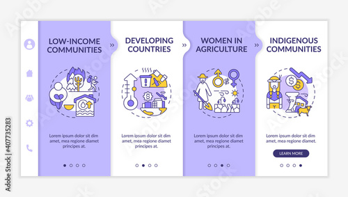 Climate poverty risk groups onboarding vector template. Eco problems. Responsive mobile website with icons. Woman in agriculture. Webpage walkthrough 4 step screens. RGB color concept