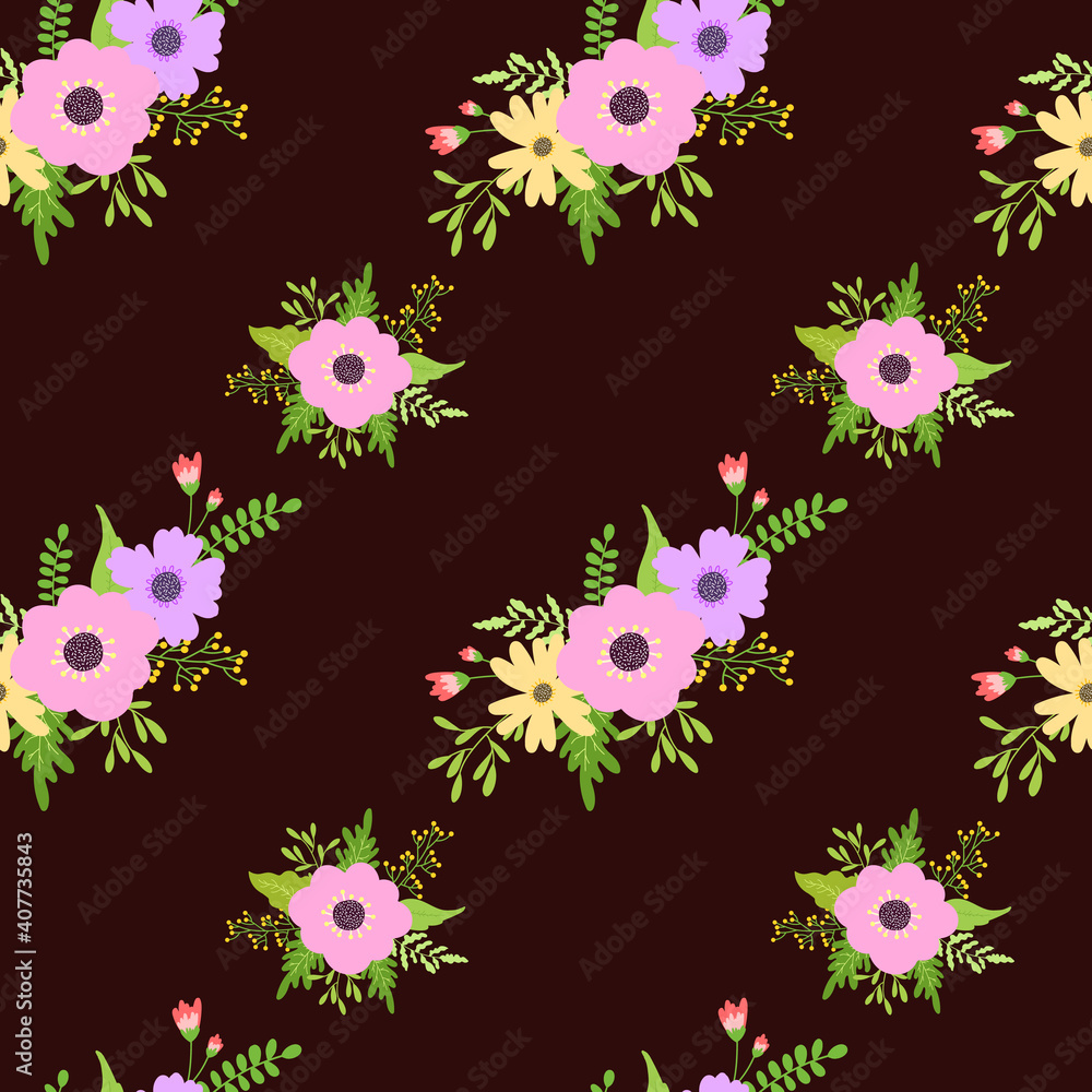 Illustration with vector floral seamless pattern. Vector hand drawn spring bouquets. Natural template design.