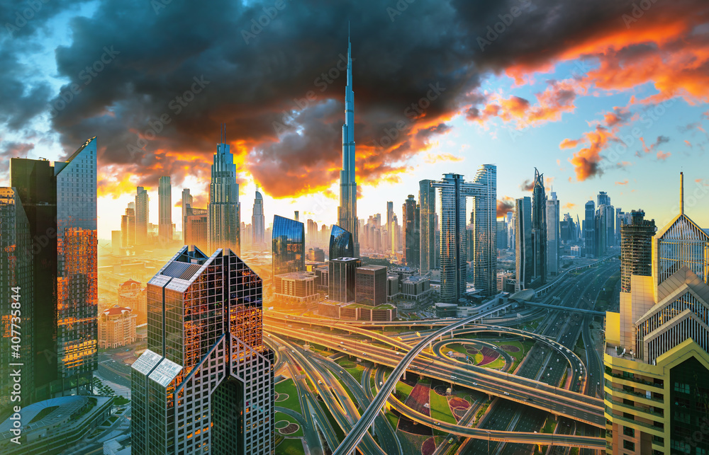 View on modern skyscrapers and busy evening highways in luxury Dubai city,Dubai,United Arab Emirates