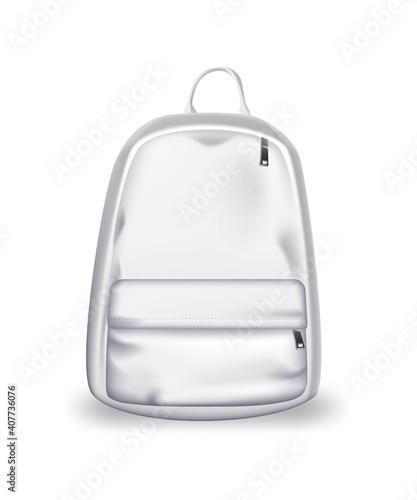 White backpack design front view. College or school rucksack mockup vector illustration. Realistic youth pack of fabric for study or sport with shadow