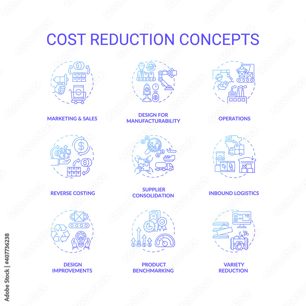 Cost reduction blue gradient concept icons set. Company optimization idea thin line RGB color illustrations. Business process optimization. Vector isolated outline drawings. Cost-saving strategy Cost reduction blue gradient concept icons set. Company optimization idea thin line RGB color illustrations. Business process optimization. Vector isolated outline drawings. Cost-saving strategy