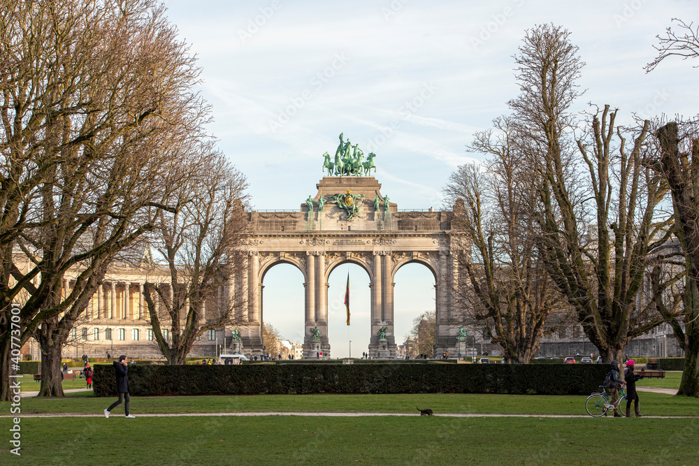 Brussels, Belgium - January 22, 2021: General view from the Parc of the arcades of the Cinquantenaire