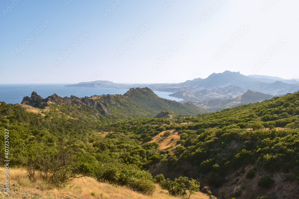 mountain slopes covered with green trees and the sea in the distance