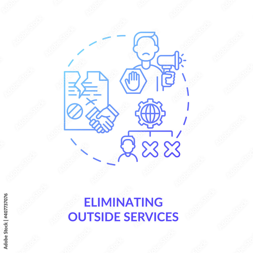 Eliminating outside services concept icon. Cost reduction strategy idea thin line illustration. Company improvement. Value chain components. Profit grow. Vector isolated outline RGB color drawing Eliminating outside services concept icon. Cost reduction strategy idea thin line illustration. Company improvement. Value chain components. Profit grow. Vector isolated outline RGB color drawing