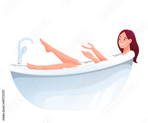 Young woman taking bath in bathroom isolated on white background. Happy girl washing with soap and foam in bathtub indoor vector illustration