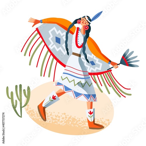 Wild west indian american girl dancing. Western native woman in costume vector illustration. Young female performing ritual with fan in nature isolated on white background