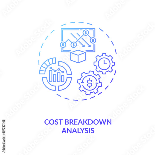 Cost breakdown analysis concept icon. Cost reduction strategy idea thin line illustration. Company improving. Production optimization mechanism. Vector isolated outline RGB color drawing