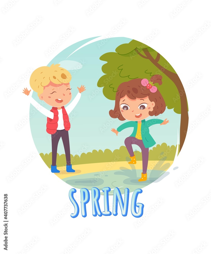 Happy kids in spring. Children in warm weather having fun outdoor vector illustration. Girl jumping in boots in puddle, boy laughing with arms up in park. Tree and blue sky background