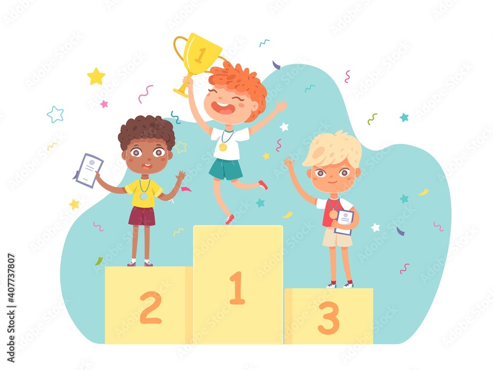Kids on podium after competition. Happy boys with diplomas and medals. School achievements and success vector illustration. Winners on pedestal, celebration with rewards Kids on podium after competition. Happy boys with diplomas and medals. School achievements and success vector illustration. Winners on pedestal, celebration with rewards