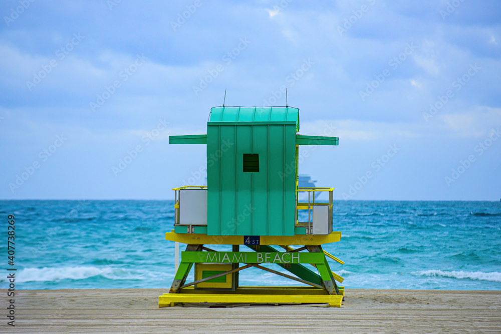 Panorama of Miami Beach, Florida. Lifeguard Tower Miami Beach, Florida. Panorama of Miami Beach, Florida. Lifeguard Tower Miami Beach, Florida.