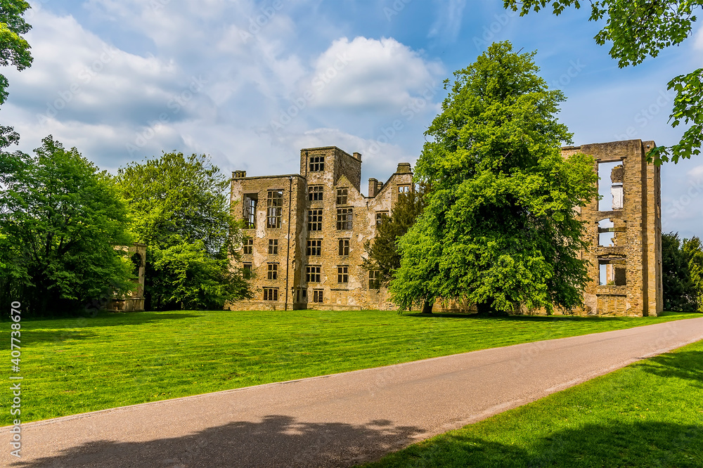 A view of the ruins of the first Hardwick Hall, Derbyshire, UK on a sunny summer day