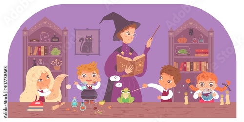 Kids in school of magic at class with professor. Boys and girls with wands in classroom vector illustration. Teacher in hat with book teaching magic. Harry Potter style fantasy world