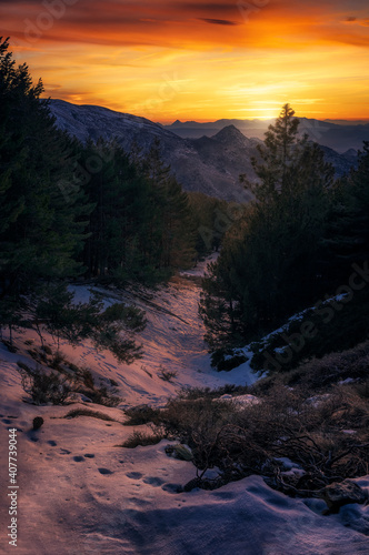 Vertical photography of snowy mountains at sunset