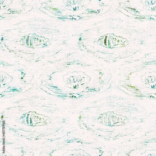 Rustic sea green mottled linen woven texture. Seamless printed fabric pattern for tropical coastal style. Interior textile background. Mottled colorful turquoise dye stains. Vibrant summer home decor 
