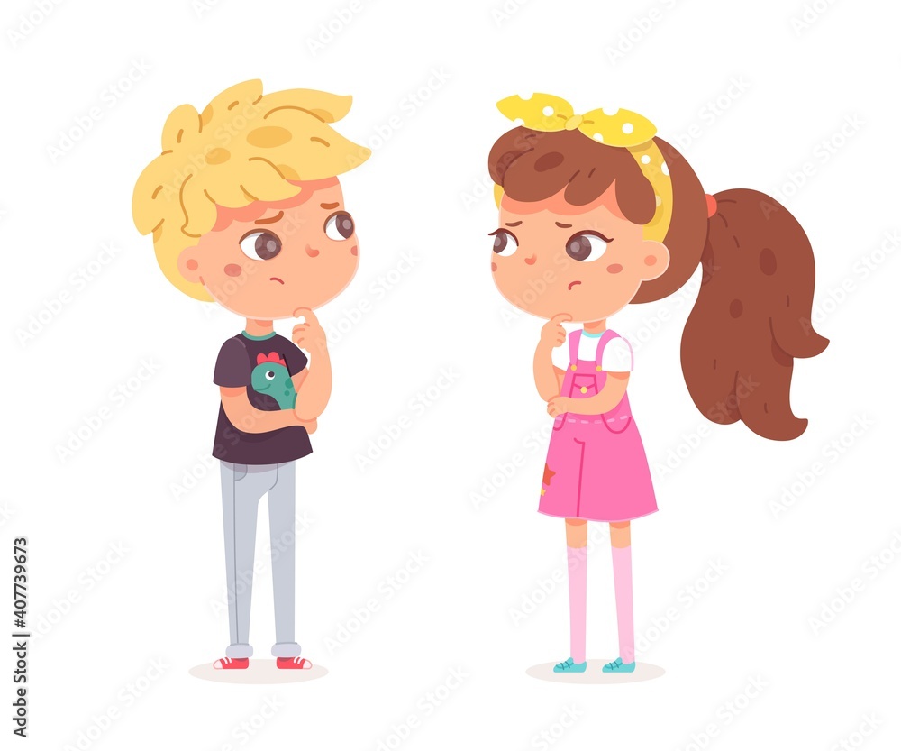 Cute girl and boy thinking, question marks sign above heads. Vector character illustration of children gestures, emotions, types of moods. Cute girl and boy thinking, question marks sign above heads. Vector character illustration of children gestures, emotions, types of moods.