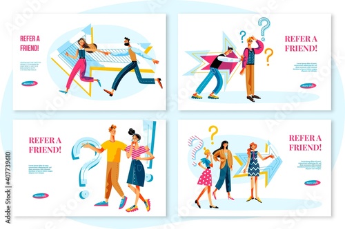 Refer friend program web banner set. Question and business referral vector illustration. People thinking, communication and discussion icons, asking for job, friends recommending person