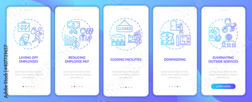 Cost cutting measures onboarding mobile app page screen with concepts. Reducing employee pay walkthrough 5 steps graphic instructions. UI vector template with RGB color illustrations