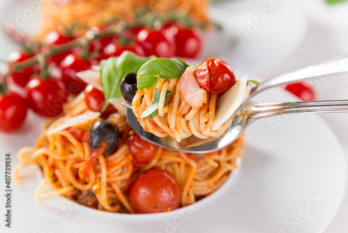 Pasta with meat, tomato sau...