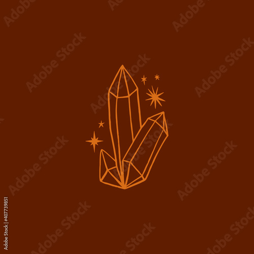 Line art crystal, magical healing boho meditation concept.