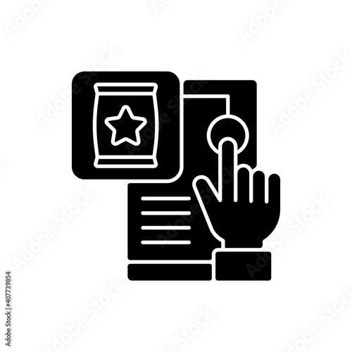 Customer behavior black glyph icon. Study of individuals and organizations and how they select and use products or services. Silhouette symbol on white space. Vector isolated illustration photo