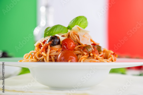 Pasta with meat, tomato sau...