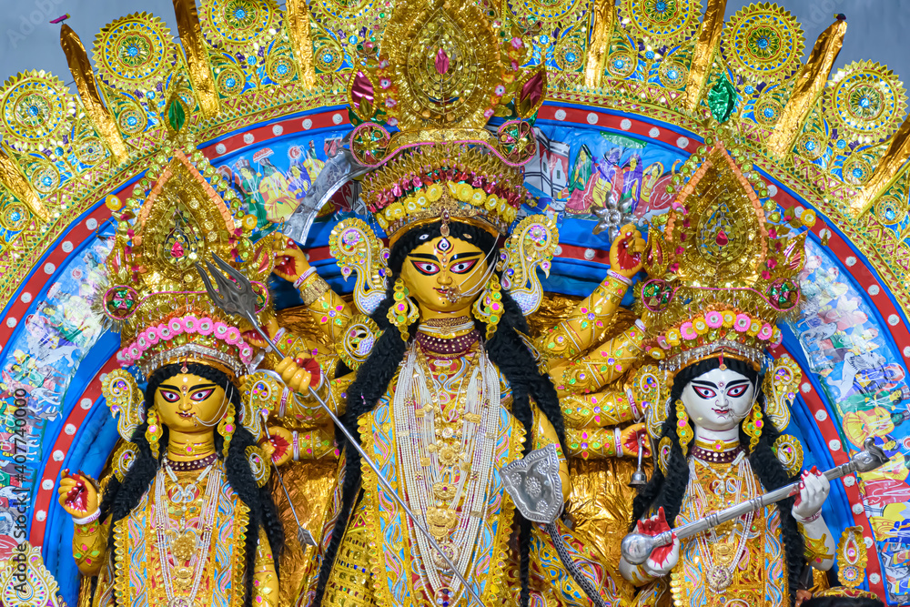 Idol of Goddess Devi Durga at Sovabazar Rajbari, Kolkata, West Bengal, India. Durga Puja is a famous and major religious festival of Hinduism that is celebrated throughout the world.