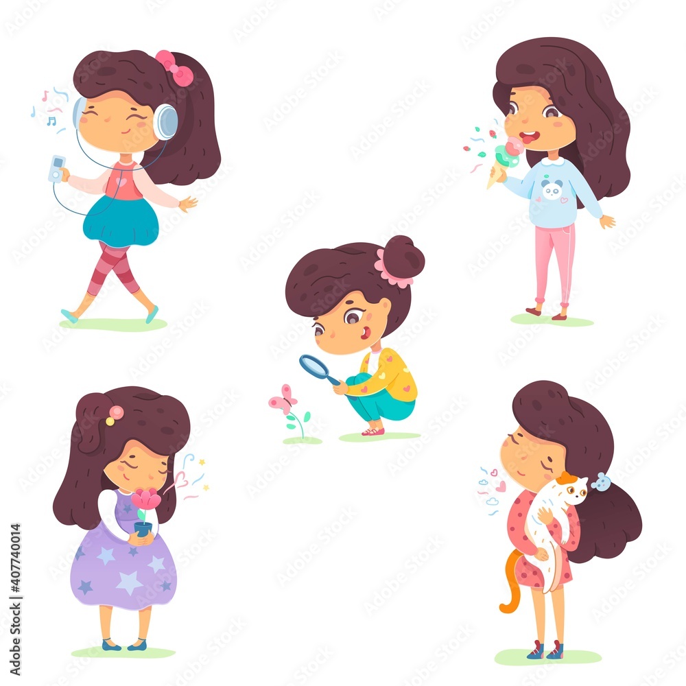 Girl showing five senses set. Sense of sight, touch, hear, smell, taste vector illustration. Small happy child in nature and exploring wonders of spring. Joyful education at childhood Girl showing five senses set. Sense of sight, touch, hear, smell, taste vector illustration. Small happy child in nature and exploring wonders of spring. Joyful education at childhood