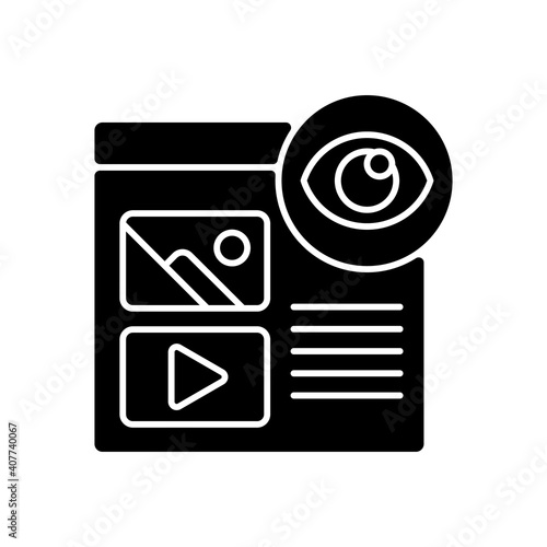 Pageviews black glyph icon. Instance of internet user visiting particular page on website. Recording whenever full page is viewed. Silhouette symbol on white space. Vector isolated illustration