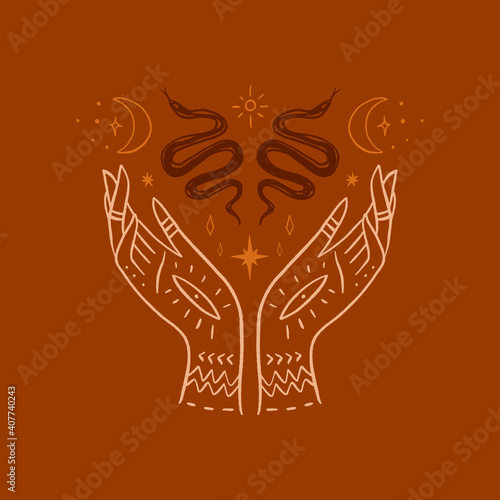 Magical sacred hand art. Magic and astrology concept.