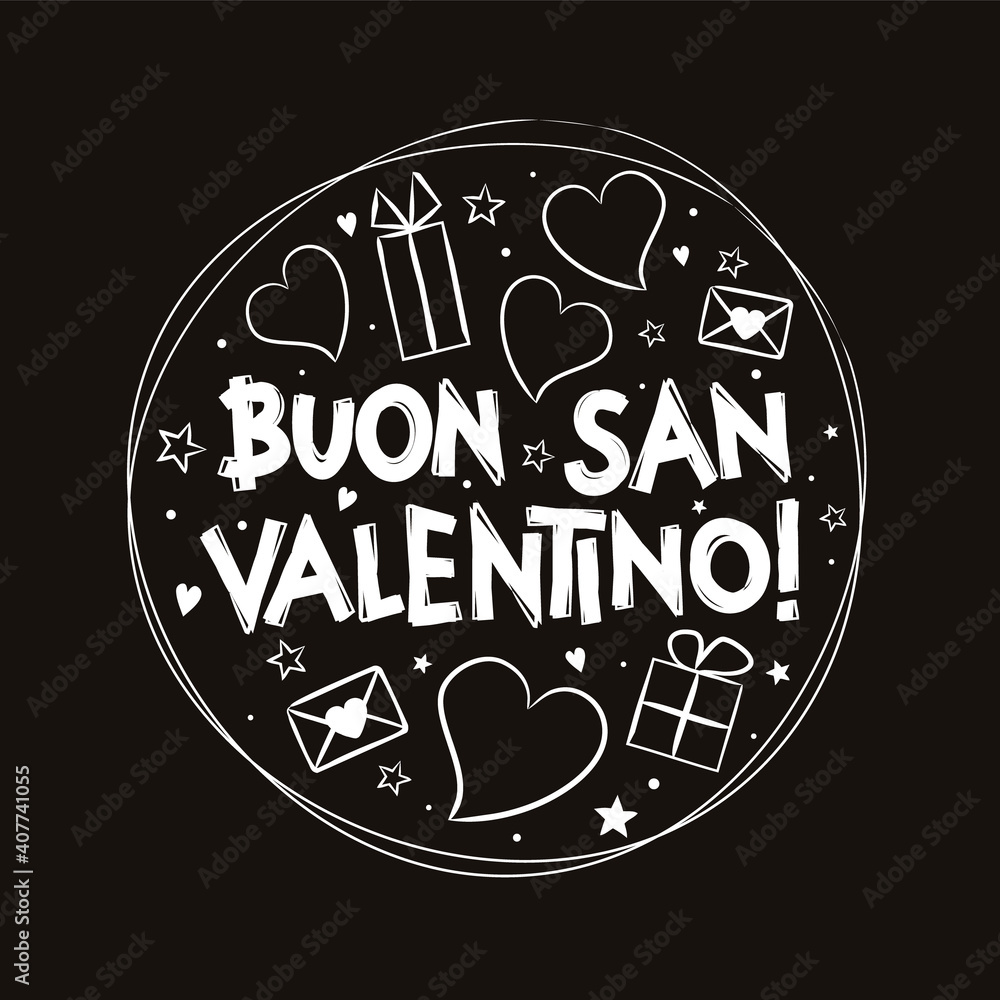Fototapeta premium Italian Happy Valentine's Day logo in chalky style. Black and white hand drawn design with hearts and gift boxes. Vector love illustration for Italy. Translation: Happy Valentine's Day