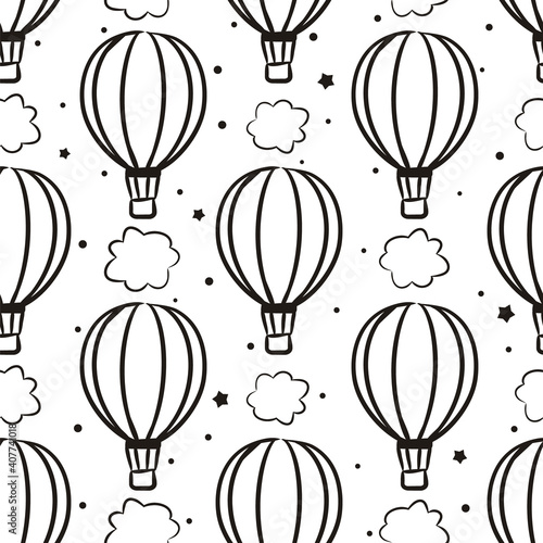 Seamless pattern with hand-drawn balloons and clouds. Cute background for nursery or travel. Contour vector illustration in doodle style.