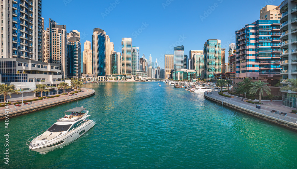 Dubai Marina skyscrapers and Jumeirah beach,Dubai,United Arab Emirates