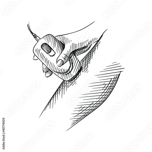 Hand drawn sketch of epilator removing hairs on a white background. Epilator for hair removing. Epilation and depilation procedure. Hair removing