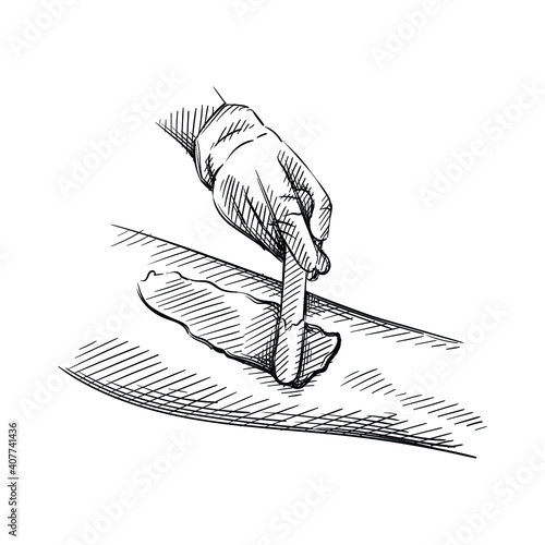 Hand drawn sketch of hand in glove applying wax with wax stick on a white background. Epilation and depilation procedure. Hair removing. Hand in glove applying wax with wax stick. 