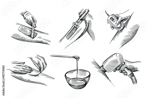 Hand drawn sketch of set of Epilation, depilation. Hair removing. Strip for waxing; bowl with spoon for waxing; epilator; applying wax with wax stick; shaving leg with razor; Laser hair removal device
