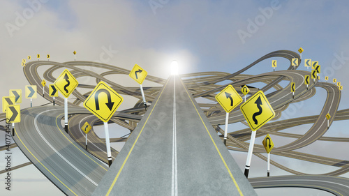 Vászonkép straight path to success choosing the right strategic path with yellow traffic signs