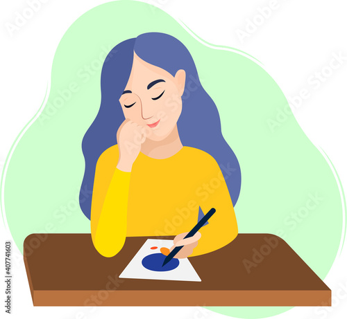 A young girl sitting at the table and draw a pencil sketch. Freelancer, designer, artist work from home. Drawing as a hobby