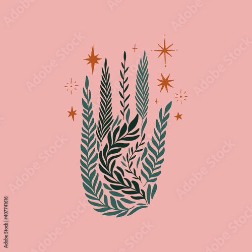 Tiny leaves plants ornate hand art. Healing meditation concept. 