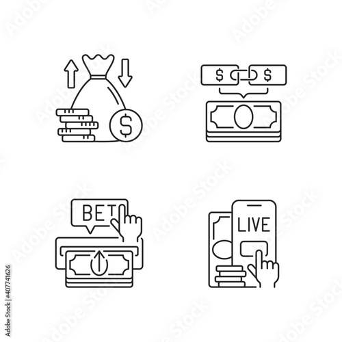 Bookmaking linear icons set. Over and under bet. Parlay. Making deposit. Live betting. Predicting wager. Customizable thin line contour symbols. Isolated vector outline illustrations. Editable stroke