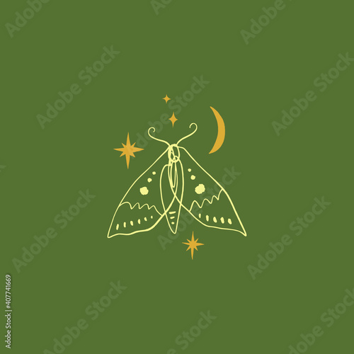 Line art night moth art print, logo or label. Vector illustration