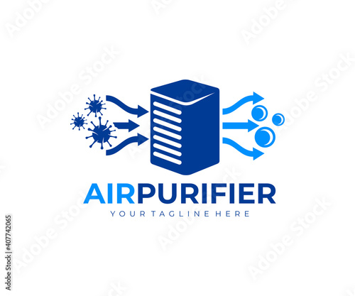 Air purifier for filter and cleaning removing dust and virus, fresh air, logo design. Air conditioner, air filtration and purification for virus protection and particles, vector design and illustratio