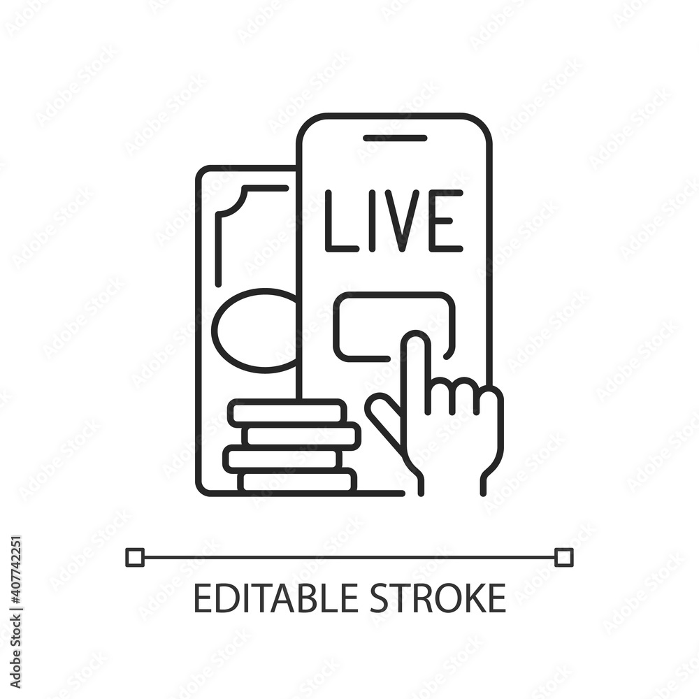 Live betting linear icon. In-game betting. Bettor ability making additional wagers. Thin line customizable illustration. Contour symbol. Vector isolated outline drawing. Editable stroke Live betting linear icon. In-game betting. Bettor ability making additional wagers. Thin line customizable illustration. Contour symbol. Vector isolated outline drawing. Editable stroke