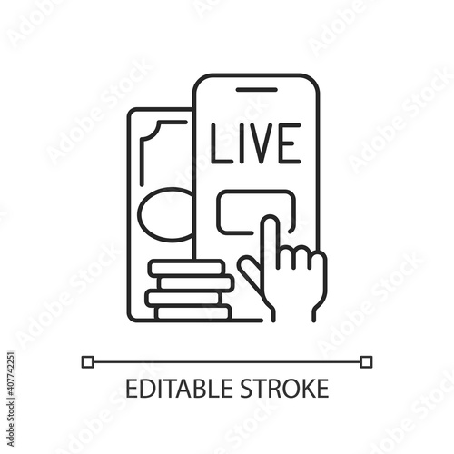 Live betting linear icon. In-game betting. Bettor ability making additional wagers. Thin line customizable illustration. Contour symbol. Vector isolated outline drawing. Editable stroke