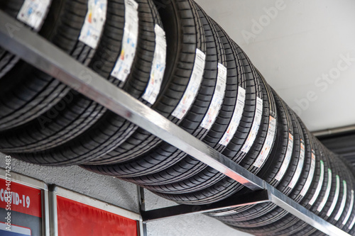 Tyre stock in a garage.