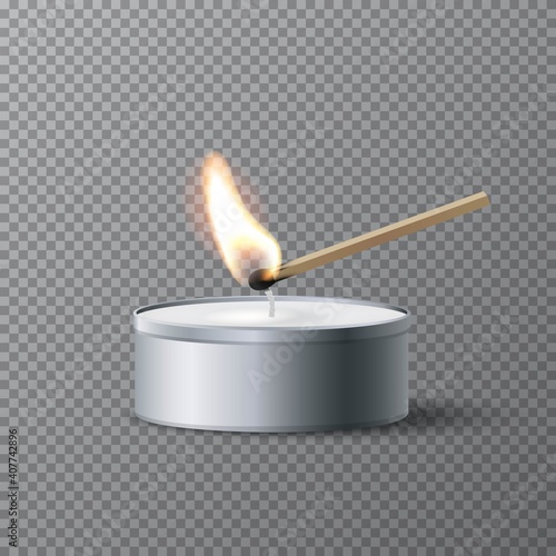 Match igniting tea candle wick. Wooden match burning, grey round candle with wax. Abstract realistic vector illustration. Candlelight on tea candle on transparent background